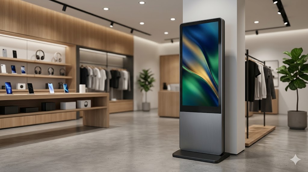 Floor standing digital signage kiosk in a modern retail showroom in Bangladesh