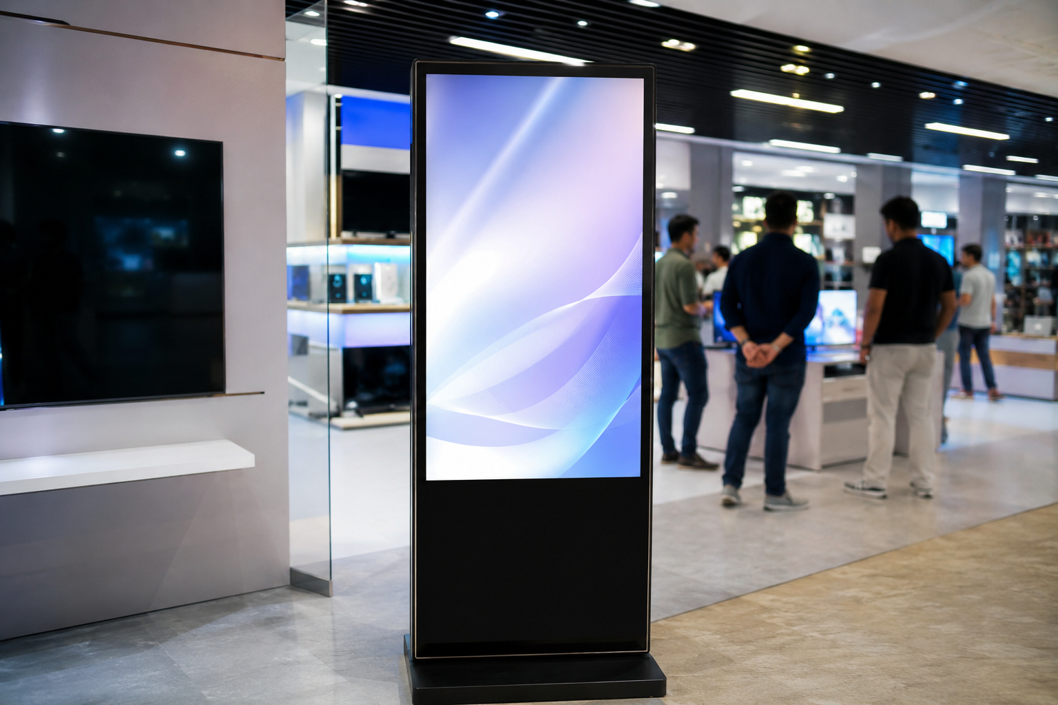 LCD digital signage display kiosk in a modern Bangladesh retail showroom