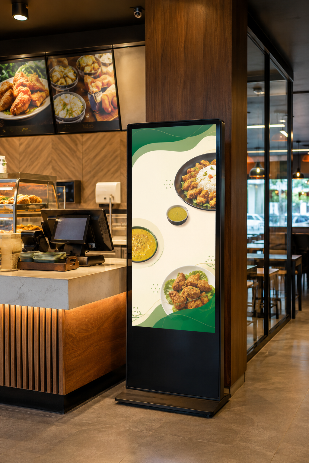 Restaurant digital signage kiosk displaying menu visuals in Bangladesh