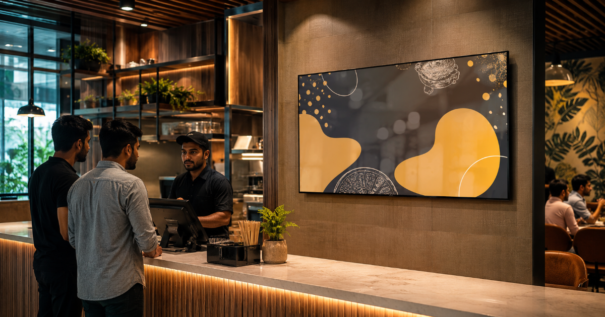 Wall mounted digital advertising screen in a Bangladesh restaurant and cafe interior